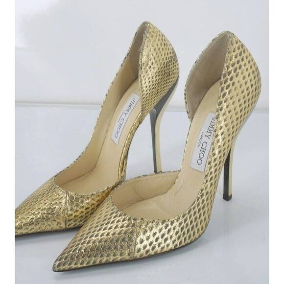 Jimmy Choo WIllis Gold Snake Half d'Orsay Pointy Pumps High Heels - Picture 7 of 12